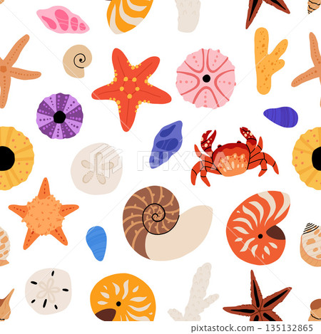 Seamless pattern with sea shells, mollusks, starfish. Tropical beach shells. Summer seamless pattern. Vector illustration in flat modern style 135132865