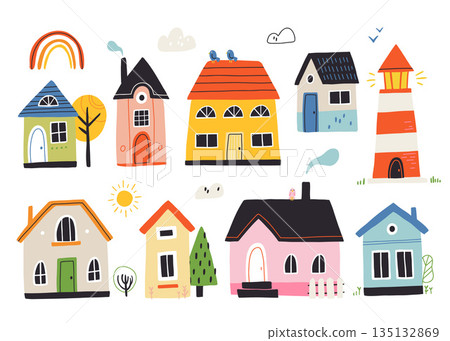 Cute houses, city buildings in Scandinavian style. Cosy town panorama with home exteriors, Scandi architecture. Urban street with chimneys, smoke. Flat vector illustration isolated on white background 135132869