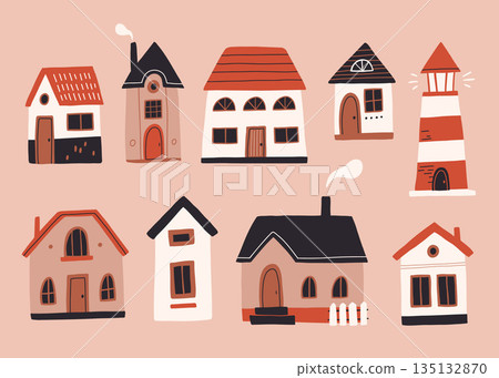 Cute houses, city buildings in Scandinavian style. Cosy town panorama with home exteriors, Scandi architecture. Urban street with chimneys, smoke. Flat vector illustration isolated on white background 135132870