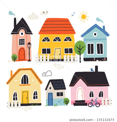 Vector illustration of cute cartoon houses. Traditional old buildings. Travel poster, postcards, greeting cards template. Hand drawn scandinavian style vector illustration. Vector illustration of cute cartoon houses. Traditional old buildings. Travel poster, postcards, greeting cards template. Hand drawn scandinavian style vector illustration. 135132873