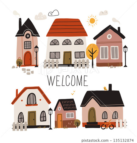 Vector illustration of cute cartoon houses. Traditional old buildings. Travel poster, postcards, greeting cards template. Hand drawn scandinavian style vector illustration. 135132874