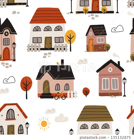 Seamless Scandinavian town pattern. Endless background with cute small houses, trees. Repeating print of sweet homes in Nordic Scandi style. Repeatable texture. Colored flat vector illustration 135132875