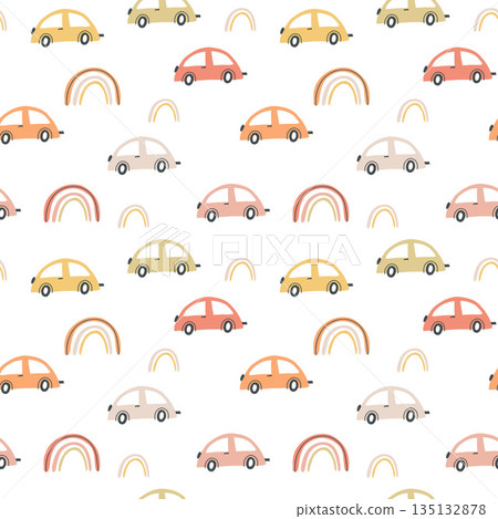 Seamless childish pattern with hand drawn cartoon cars. Creative kids texture for fabric, wrapping, textile, wallpaper, apparel. Vector illustration 135132878