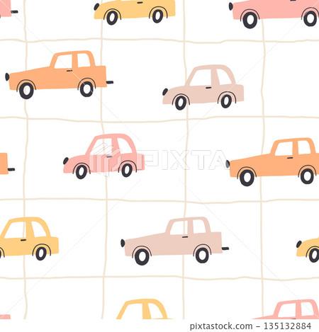 Seamless childish pattern with hand drawn cartoon cars. Creative kids texture for fabric, wrapping, textile, wallpaper, apparel. Vector illustration Seamless childish pattern with hand drawn cartoon cars. Creative kids texture for fabric, wrapping, textile, wallpaper, apparel. Vector illustration 135132884