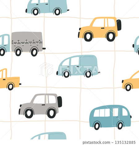 Seamless childish pattern with hand drawn cartoon cars. Creative kids texture for fabric, wrapping, textile, wallpaper, apparel. Vector illustration Seamless childish pattern with hand drawn cartoon cars. Creative kids texture for fabric, wrapping, textile, wallpaper, apparel. Vector illustration 135132885