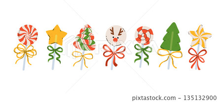 Traditional christmas sweets with bow on a white background. Set of christmas candy decoration. Merry Christmas. Flat cartoon vector illustration Traditional christmas sweets with bow on a white background. Set of christmas candy decoration. Merry Christmas. Flat cartoon vector illustration 135132900