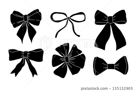 Set of various bows, gift ribbons. Bowknots in hand-drawn and flat styles. Fashionable vector illustration. Hair accessory. Bow knots for gift wrapping Set of various bows, gift ribbons. Bowknots in hand-drawn and flat styles. Fashionable vector illustration. Hair accessory. Bow knots for gift wrapping 135132903