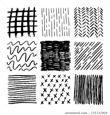 Pencil stroke pattern. Pen doodle scrawl. Hand drawn sketch texture with pencil lines. Cross or parallel hatch. Black and white grunge backgrounds. Vector square hatching shapes set 135132904