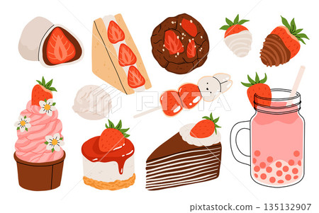 Strawberry set. Summer drinks, sweets and desserts with taste of strawberries. Chocolate strawberry, cookie, sandwich, mochi, cheesecake, tanghulu. Flat Vector illustration with flowers and leaves. Strawberry set. Summer drinks, sweets and desserts with taste of strawberries. Chocolate strawberry, cookie, sandwich, mochi, cheesecake, tanghulu. Flat Vector illustration with flowers and leaves. 135132907
