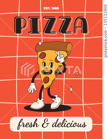 Cartoon fast food poster. Retro groovy cards with mascot food characters. Brochure design with quote text for cafe. Banner with funky groovy burger, french fries, soda, ice cream. Fast food delivery 135132908