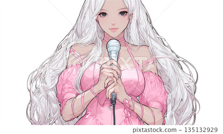 身穿粉紅色洋裝、手持麥克風的女子 135132929