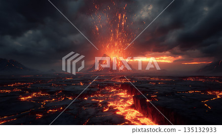 Erupting volcano and lava landscape 135132933