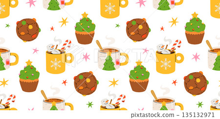 Seamless Christmas pattern with cacao drink, ginger cookie, present and lollipop. Vector illustration for textile, postcard, wrapping paper, poster, background, book, t-shirt. Seamless Christmas pattern with cacao drink, ginger cookie, present and lollipop. Vector illustration for textile, postcard, wrapping paper, poster, background, book, t-shirt. 135132971