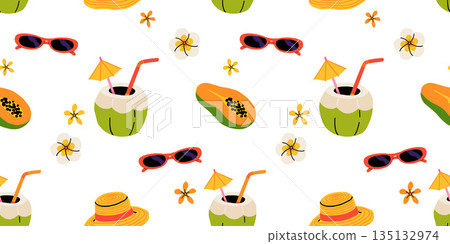 Seamless pattern with summer Icons for tropical vacation. Flat vector seasonal collection with ice cream, pineapple, tropic leaves, plumeria, watermelon, surfboard, beach accessories, swimsuit Seamless pattern with summer Icons for tropical vacation. Flat vector seasonal collection with ice cream, pineapple, tropic leaves, plumeria, watermelon, surfboard, beach accessories, swimsuit 135132974