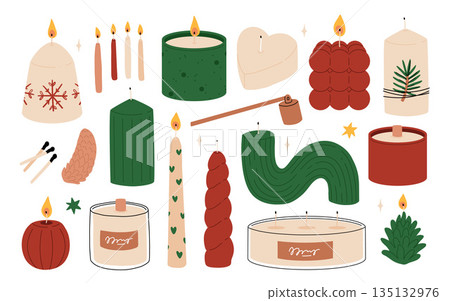 Candles. Vector set of paraffin or wax candles with fire. Festive decoration for Christmas, Advent, Birthday, Halloween, New Year, Festival. Simple vector illustration. Flat trendy abstract style. Candles. Vector set of paraffin or wax candles with fire. Festive decoration for Christmas, Advent, Birthday, Halloween, New Year, Festival. Simple vector illustration. Flat trendy abstract style. 135132976