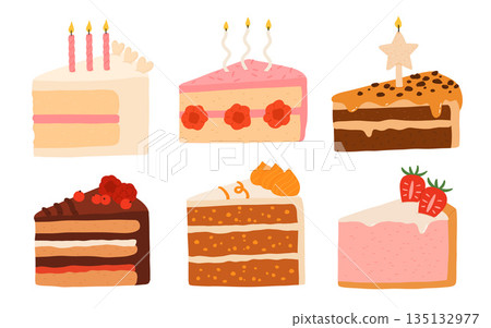 Birthday cake slices set. Sweet holiday bakery pieces collection. Pastry chocolate fruit, berry dessert with candles for breakfast. Vector hand drawn flat cartoon illustration Birthday cake slices set. Sweet holiday bakery pieces collection. Pastry chocolate fruit, berry dessert with candles for breakfast. Vector hand drawn flat cartoon illustration 135132977