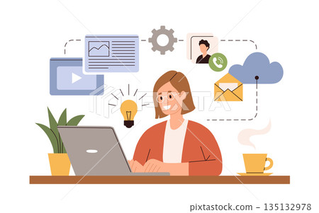 Working at home vector flat style illustration. Online career. Home office illustration. Young woman freelancer working on laptop or computer at home. Business woman at home in quarantine Working at home vector flat style illustration. Online career. Home office illustration. Young woman freelancer working on laptop or computer at home. Business woman at home in quarantine 135132978