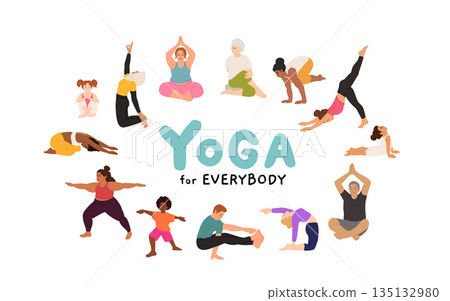 People doing yoga flat vector illustrations set. Male and female cartoon characters exercising. Diverse Men and women practicing Asana. Senior yoga. Physical activity, workout 135132980