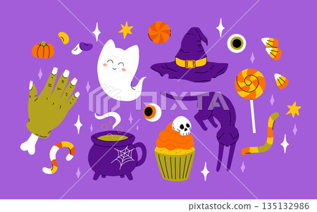 Cute kids Halloween set. Happy pumpkin, zombie hand, cute ghost, skull cupcake candy and witch potion. October holiday stickers, design elements bundle. Isolated flat vector illustrations Cute kids Halloween set. Happy pumpkin, zombie hand, cute ghost, skull cupcake candy and witch potion. October holiday stickers, design elements bundle. Isolated flat vector illustrations 135132986