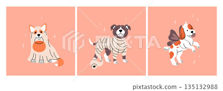 Adorable dogs in Halloween costumes with bones, big spider web and jack o lantern pumpkin. Flat cartoon illustration with cute dogs. 135132988