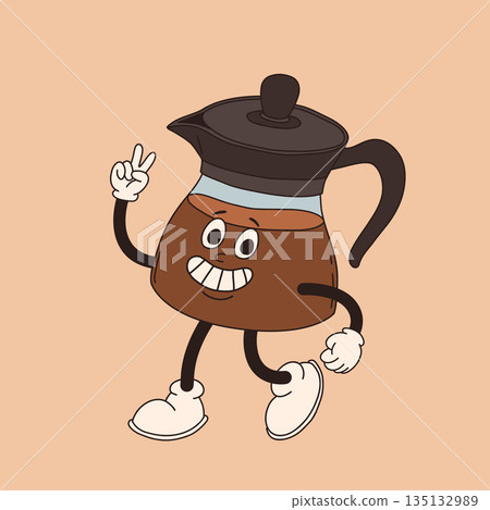 Retro cartoon coffee cup character. Mug mascot in different poses. 60s 70s 80s groovy contour vector illustration. Espresso black coffee cup. 135132989