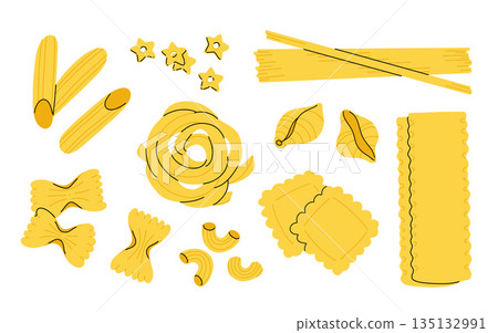 Pasta collection isolated on white background. Vector flat cartoon macaroni illustration. Italian cuisine, food icons and design elements set. 135132991