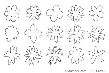 Abstract cloud and flower shapes sticker pack. Groovy funky flower, bubble, star, loop, waves in trendy retro 90s 00s cartoon style. Vector illustration with floraland blob elements. 135132992