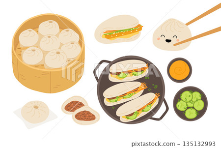 Vector illustration of Taiwanese snack Gua bao. A piece of stewed meat with cucumber and green onion in steamed bao buns. Asian cuisine wallpaper for menu, packaging, cafe, restaurant. 135132993