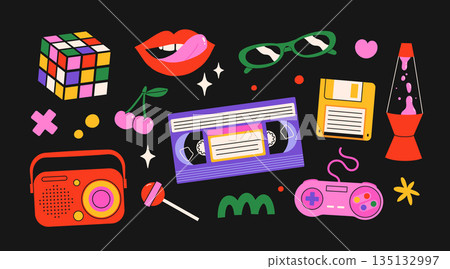 Classic 80s back to 90s elements in modern flat style. Hand drawn sticker set, vector illustration. Fashion patch, badge, emblem with vintage accessories. 135132997