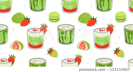 Japanese Matcha Food. Seamless pattern with Matcha Cheesecake and Matcha Tea. Vegan japanese green tea pastries and drink. Repeated Vector background, wrapping paper. Baked tart with green tea flavor. Japanese Matcha Food. Seamless pattern with Matcha Cheesecake and Matcha Tea. Vegan japanese green tea pastries and drink. Repeated Vector background, wrapping paper. Baked tart with green tea flavor. 135133007