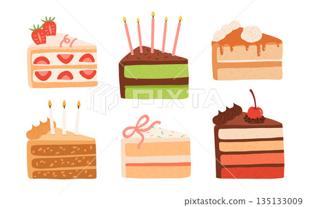 Birthday piece of cake. Different cakes with topping and candles. Brownie, caramel, cherry. strawberry. Birthday piece of cake. Different cakes with topping and candles. Brownie, caramel, cherry. strawberry. 135133009