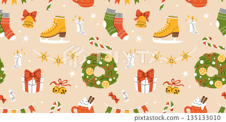 Hygge Winter elements seamless pattern. Cute and cozy cartoon vector collection. Illustration of christmas present, festive garland, warm knitted sweater, envelope, star and skates. Hygge Winter elements seamless pattern. Cute and cozy cartoon vector collection. Illustration of christmas present, festive garland, warm knitted sweater, envelope, star and skates. 135133010