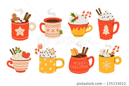 Christmas and Happy New Year set. Mugs of cacao with whipped cream, marshmallow and candy cane. Greeting card for Xmas, New year or winter holidays. Vector design template. Christmas and Happy New Year set. Mugs of cacao with whipped cream, marshmallow and candy cane. Greeting card for Xmas, New year or winter holidays. Vector design template. 135133012