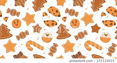 Christmas Gingerbread Cookies seamless pattern. Winter sweet homemade biscuits in different shapes. 135133015