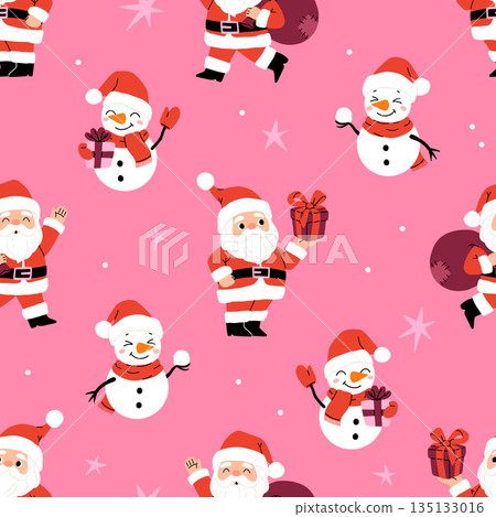 Seamless pattern with Santa Claus with bag of presents, snowman and gifts. Suitable for design of cards, banners, stickers, etc 135133016
