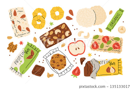 Nuts and dried fruit hand drawn collection, icons of healthy vegan snacks, vector illustrations of nut protein bar, dried banana, pineapple, almond, fruit mix. Cartoon healthy snack 135133017