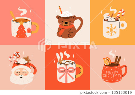 Christmas hot drink collection. Flat cartoon beverages. Holiday cute mugs with hot cocoa, coffee, and mulled wine. New year drinks decorated with sweets and candy. Isolated vector illustration Christmas hot drink collection. Flat cartoon beverages. Holiday cute mugs with hot cocoa, coffee, and mulled wine. New year drinks decorated with sweets and candy. Isolated vector illustration 135133019