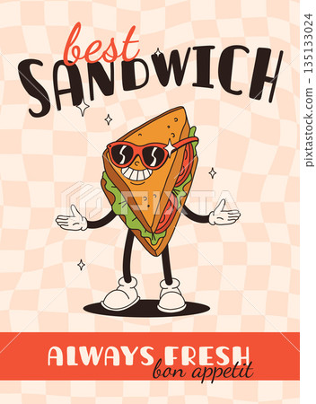 Cartoon fast food poster. Retro groovy cards with mascot food characters. Brochure design with quote text for cafe. Banner with funky groovy burger, french fries, soda, ice cream. Fast food delivery 135133024