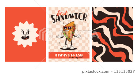 Set of fast food posters. Retro groovy cards with street food characters. Brochure with funky groovy burger, french fries, soda, ice cream, donut, pie, coffee to go, sandwich. Fast food delivery 135133027