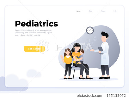 Pediatric clinic. Clinical pediatric checkup, mother holding sick toddler and doctor with stethoscope listening his lungs. healthcare vector landing page 135133052