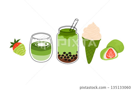 Matcha tea, latte, iced matcha. Vector set with japanese matcha desserts. Collection with mochi, cake and roll cake, pancakes, macaron, soft serve ice cream, matcha tart and cupcake with strawberry. Matcha tea, latte, iced matcha. Vector set with japanese matcha desserts. Collection with mochi, cake and roll cake, pancakes, macaron, soft serve ice cream, matcha tart and cupcake with strawberry. 135133060