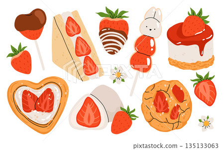 Strawberry set. Summer sweets and desserts with taste of strawberries. Chocolate strawberry, cookie, sandwich, mochi, cheesecake, tanghulu. Flat Vector illustration with flowers and leaves. 135133063