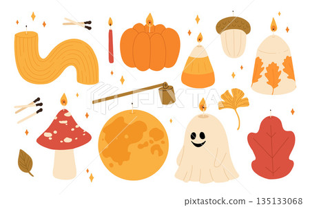 Cozy autumn scented candles set. Collection of various aromatic candles .Hand drawn hygge candlelights. Aromatherapy and relaxation. Flat vector illustration. Cozy autumn scented candles set. Collection of various aromatic candles .Hand drawn hygge candlelights. Aromatherapy and relaxation. Flat vector illustration. 135133068