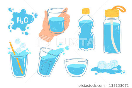 Set of water in bottles and glasses. Full bottle with splash and water drop with text. Hand drawn cute vector illustration. H2O for health. Drink more water. Set of water in bottles and glasses. Full bottle with splash and water drop with text. Hand drawn cute vector illustration. H2O for health. Drink more water. 135133071