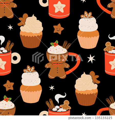 Seamless Christmas pattern with cacao drink, ginger cookie, present and lollipop. Vector illustration for textile, postcard, wrapping paper, poster, background, book, t-shirt. 135133225