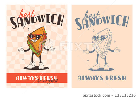 Set of fast food posters. Retro groovy cards with street food characters. Brochure with funky groovy burger, french fries, soda, ice cream, donut, pie, coffee to go, sandwich. Fast food delivery 135133236