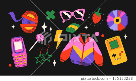 Classic 80s back to 90s elements in modern flat style. Hand drawn sticker set, vector illustration. Fashion patch, badge, emblem with vintage accessories. 135133238