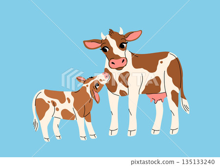 Brown spotted white mama cow with her calf together. Hand drawn cartoon farm animals. Cute illustration for children book isolated on light blue background. Brown spotted white mama cow with her calf together. Hand drawn cartoon farm animals. Cute illustration for children book isolated on light blue background. 135133240