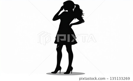 Silhouette of a woman in heels standing lost in thought | Design depicting urban worries, choices, and regrets 135133269