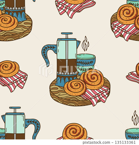 Hygge glass coffee maker with cinnamon rolls on wooden tray seamless pattern Hygge glass coffee maker with cinnamon rolls on wooden tray seamless pattern 135133361